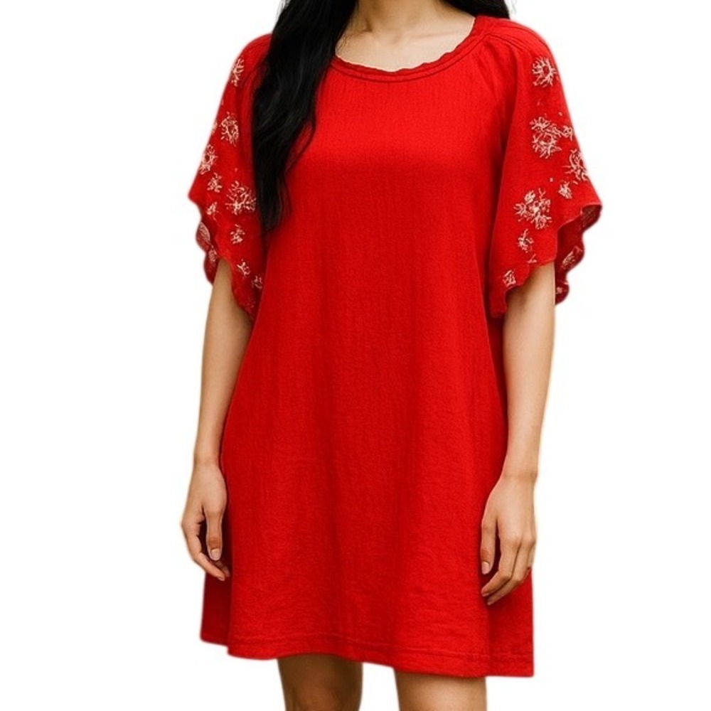 UMGEE NWT Fiery Red Plisse Dress Flowy White Embroidery Flutter Sleeves Size M‎